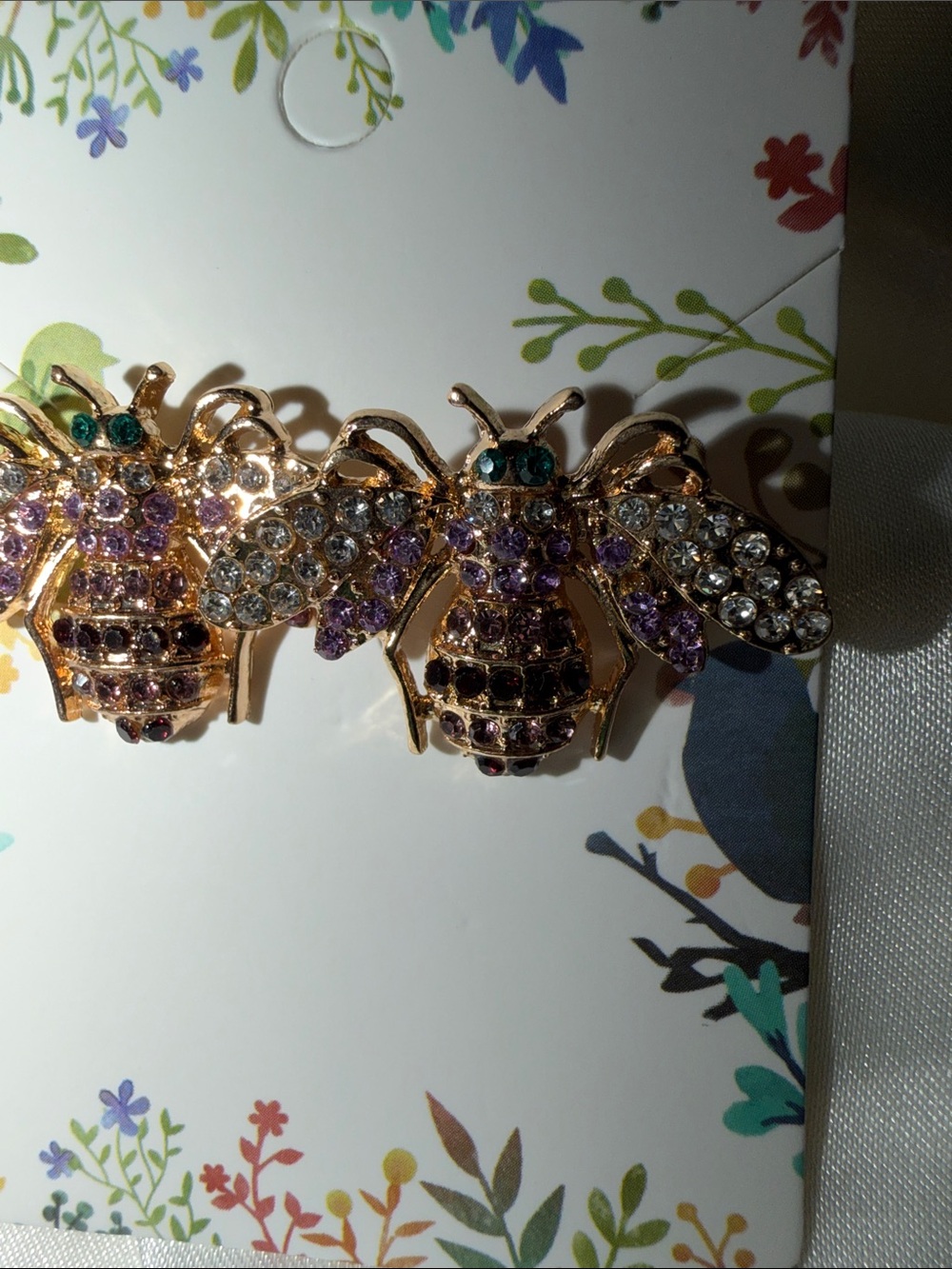 Gold-tone Bee Earrings with Purple and Clear Crystals - Picture 2 of 4